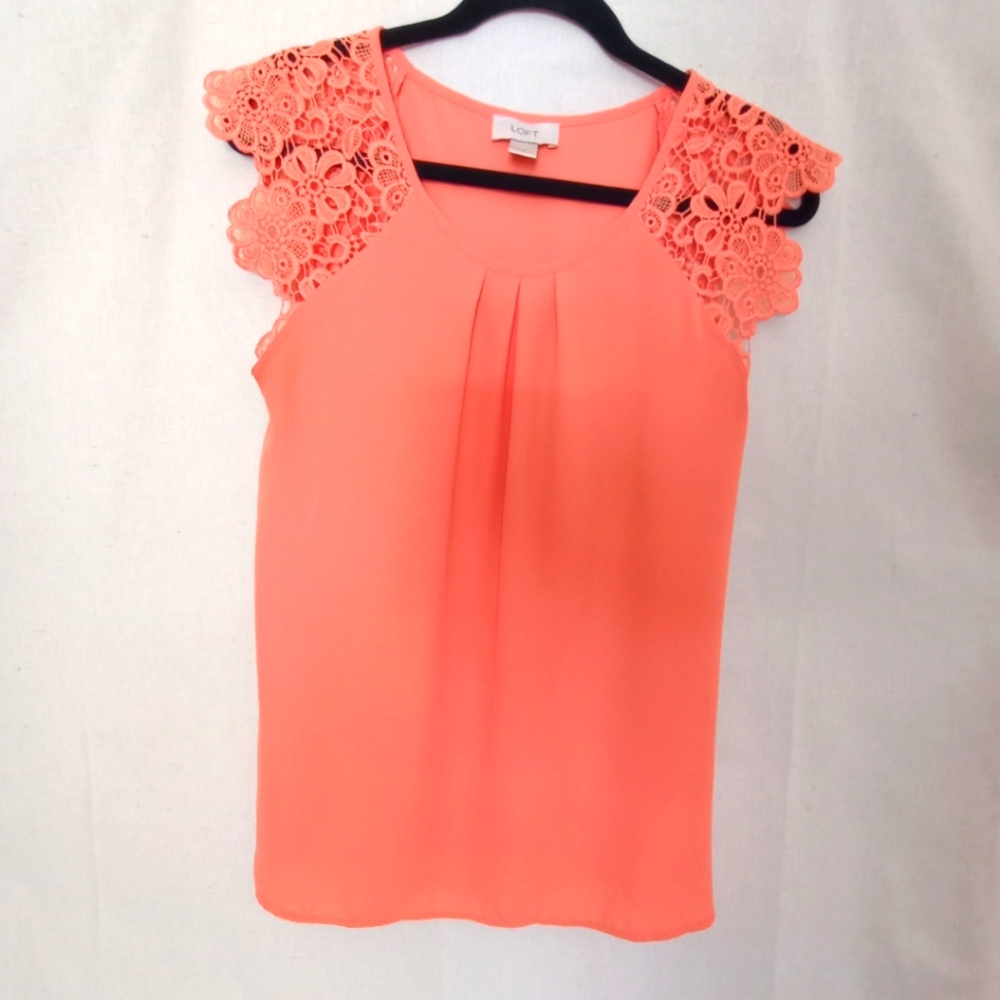 LOFT Orange Coral Embellished Pleated Blouse